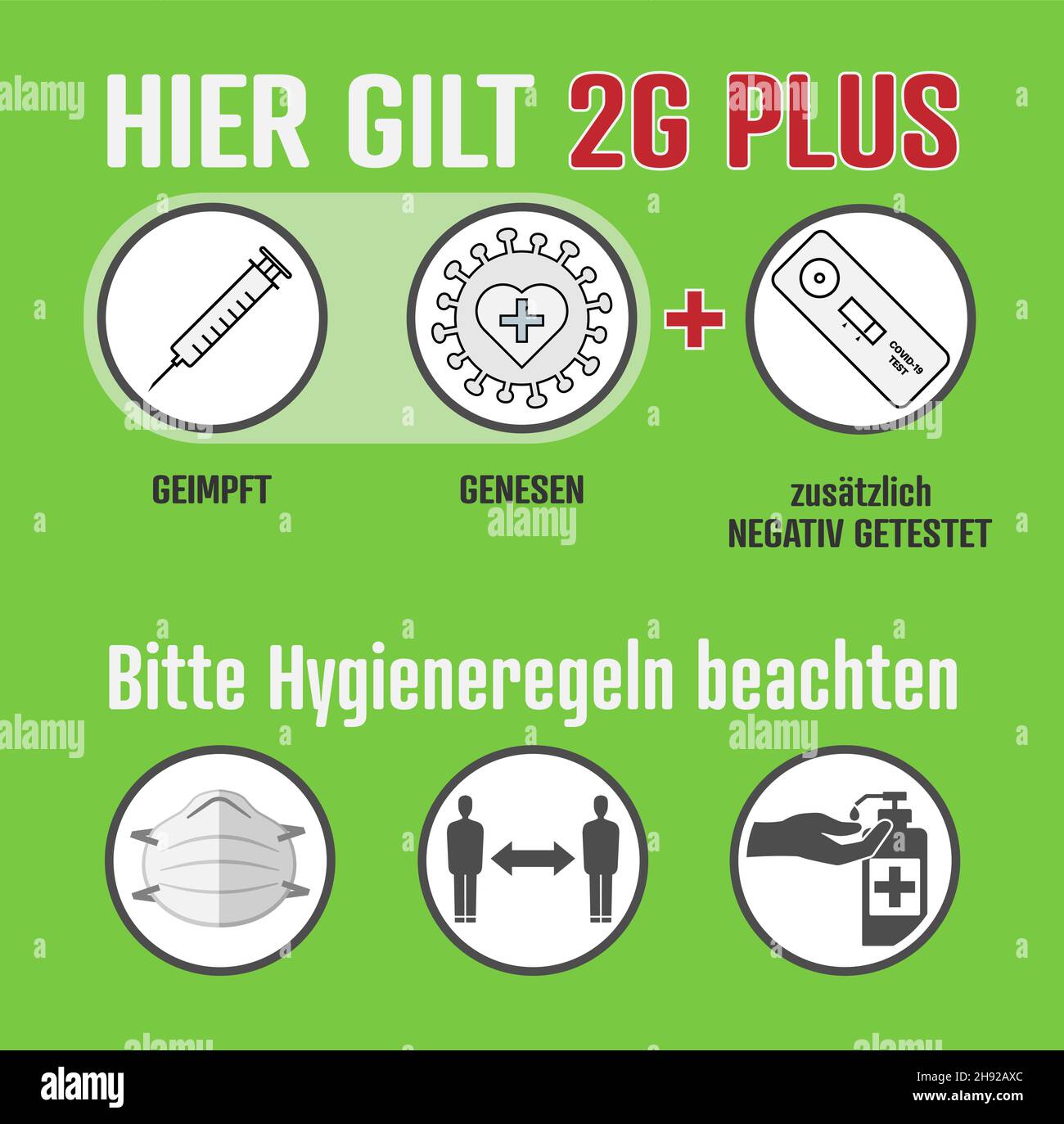 Covid 2G PLUS Regeln und Hygienemaßnahmen in deutscher Sprache, Zugang nur für geimpfte (GEIMPFT) und wiedergeborgene (GENESEN) Personen mit zusätzlichen Stock Vektor