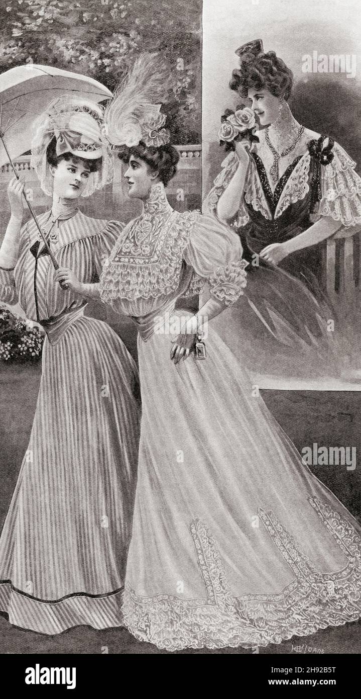 Anfang des 20th. Jahrhunderts Modewerbung für Kleider für helle Tage. Die Mode der Streifen, schlichte Eleganz, für Table d'hote tragen. From the World und seine Frau, veröffentlicht 1906 Stockfoto