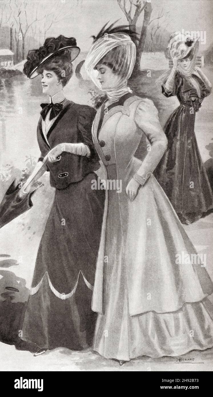 Anfang des 20th. Jahrhunderts Modewerbung für Herbstmodi, Indoor und Outdoor, einschließlich des schlampen Coatees. From the World und seine Frau, veröffentlicht 1906 Stockfoto