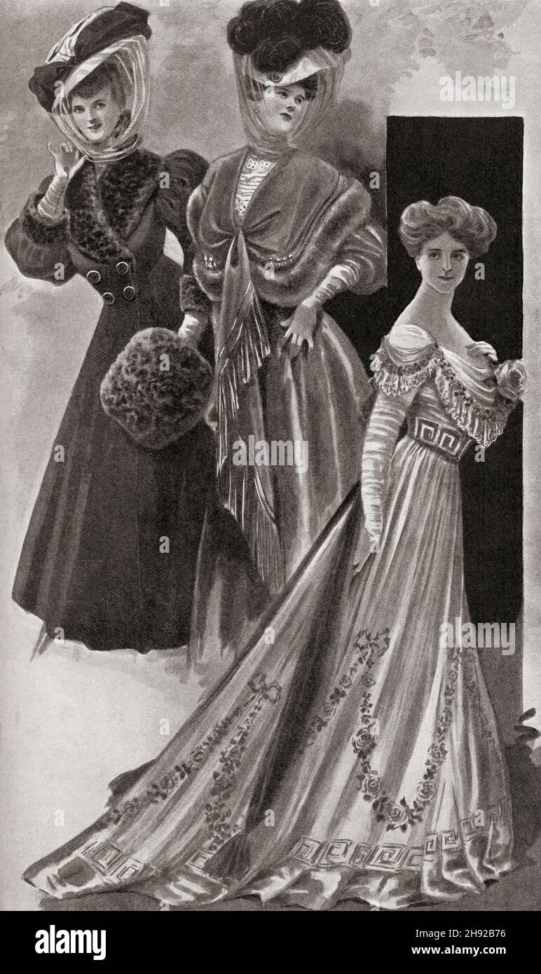 Anfang des 20th. Jahrhunderts Modewerbung für Herbstmodi, Indoor und Outdoor, einschließlich des modifizierten Empire Gown. From the World und seine Frau, veröffentlicht 1906 Stockfoto