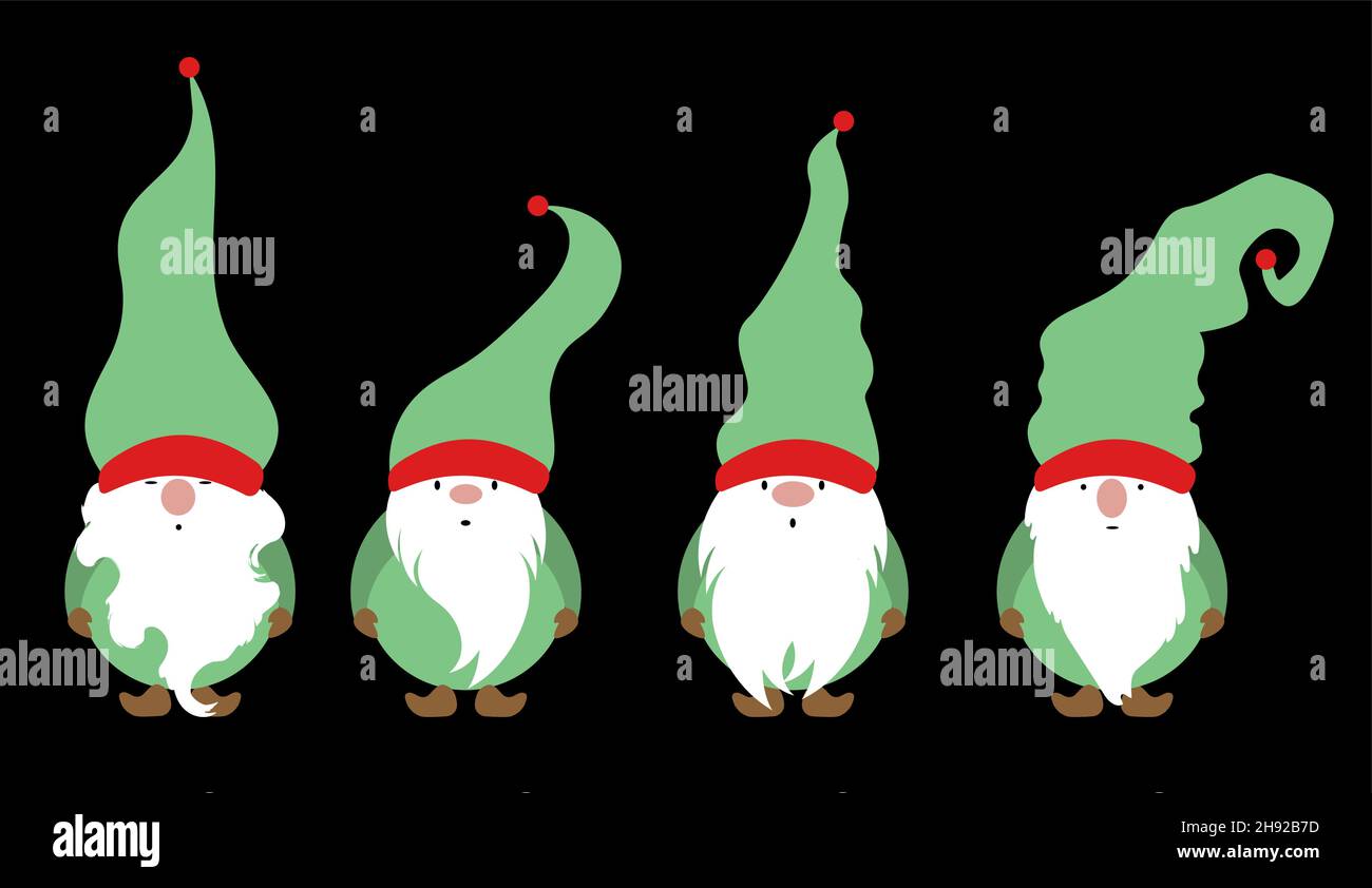 Set aus Weihnachtsgnome, skandinavischen nordischen Gnome, niedlichen Weihnachtsmann Gnome Elf. Vektorgrafik isoliert auf schwarzem Hintergrund. Weihnachtselemente für Stock Vektor