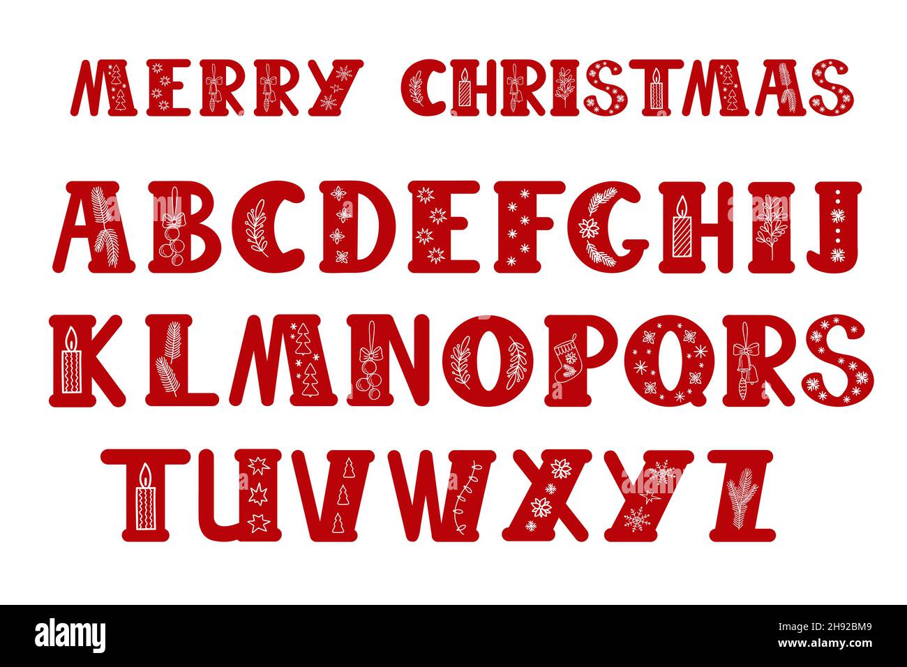 Capital rot dekoriert handgezeichneten Buchstaben des englischen Alphabets Weihnachten Doodle Stil Vektor Illustration, kalligraphische abc, niedlich lustige Handschrift, Cartoon und Schriftzug Stock Vektor