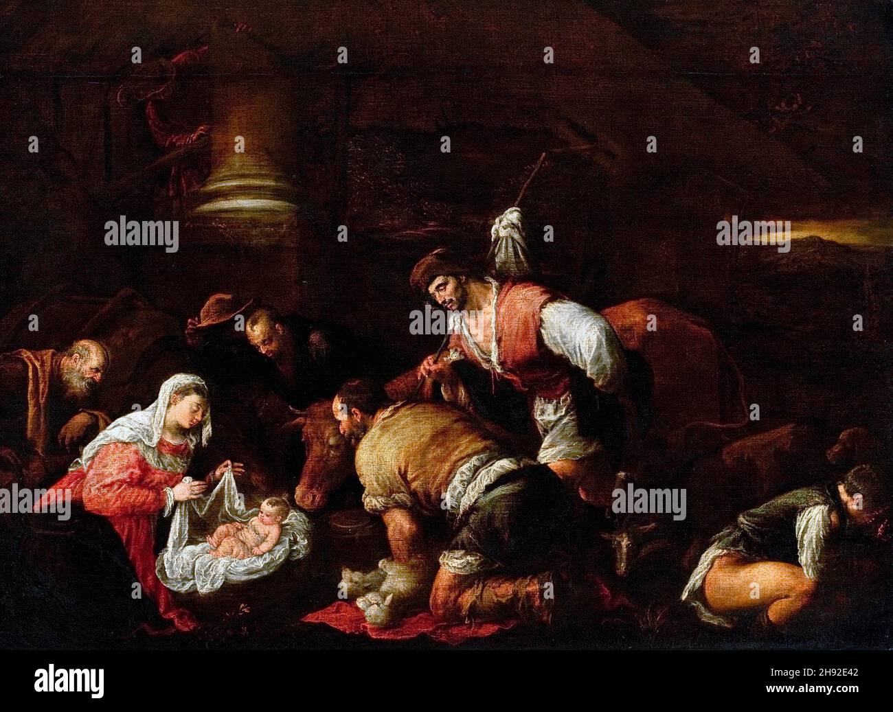 Die Anbetung der Hirten von Jacopo Bassano (Jacopo da Ponte) und Workshop, Öl auf Leinwand, c. 1580-90 Stockfoto