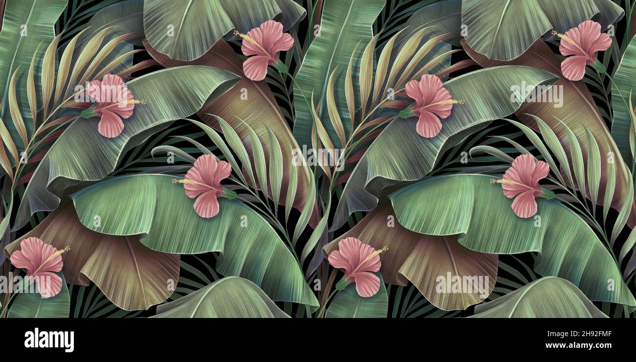 Tropisches, nahtloses Muster mit Hibiskusblüten, wunderschöner Palme und Bananenblättern. Handgezeichnete Illustration aus dem Jahr 3D. Glamouröser Hintergrund, Tapete Stockfoto