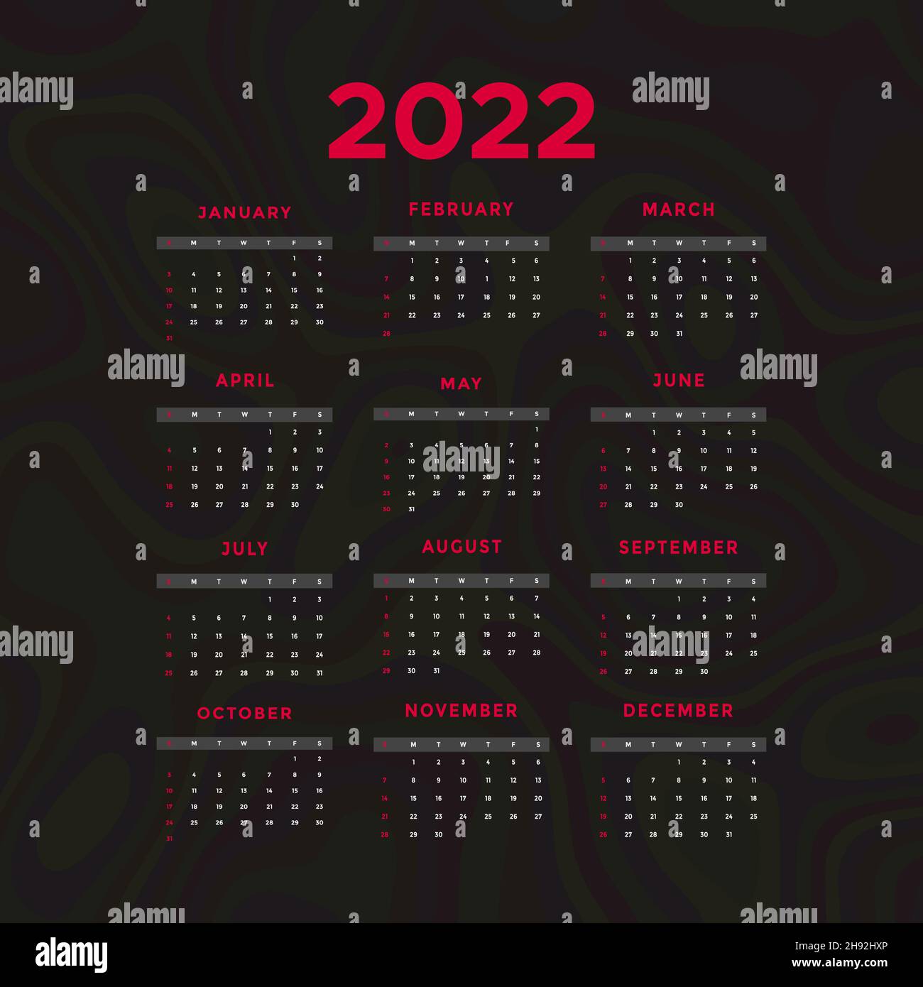 Einfaches bearbeitbares 2022 сalendar Design.Dunkle Farbe 2022 Kalender Vektor-Vorlage. Stock Vektor