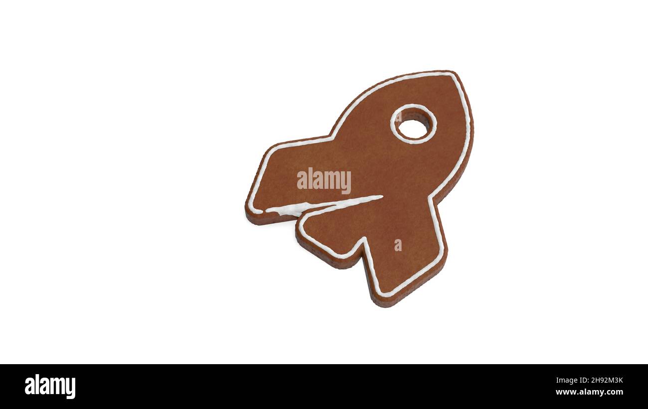 3D Rendering von Lebkuchenkeks in Form eines Symbols der Rakete isoliert auf weißem Hintergrund mit weißer Vereisung Stockfoto