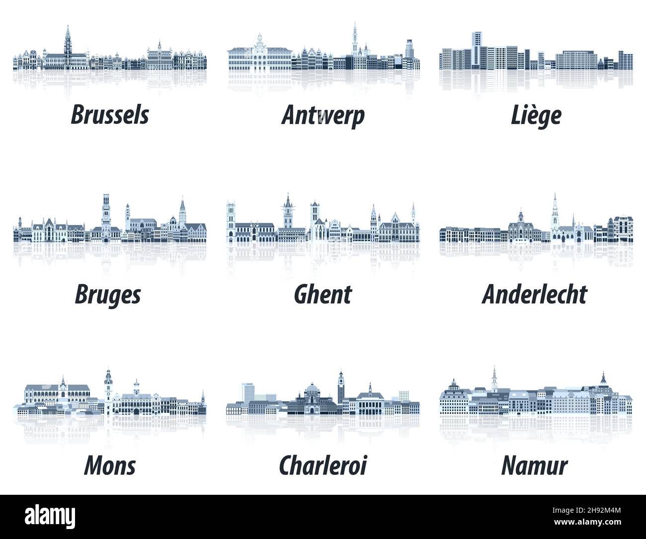 Die wichtigsten Städte Belgiens Stadtbilder in Blautönen. Kristallklare Ästhetik Stock Vektor