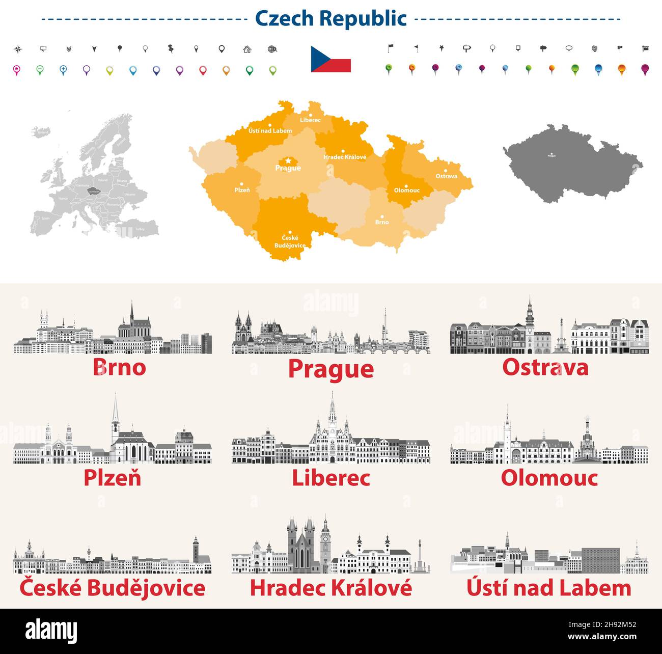Tschechische Skylines in Graustufen-Farbpalette. Flagge und Karte der Tschechischen Republik Stock Vektor