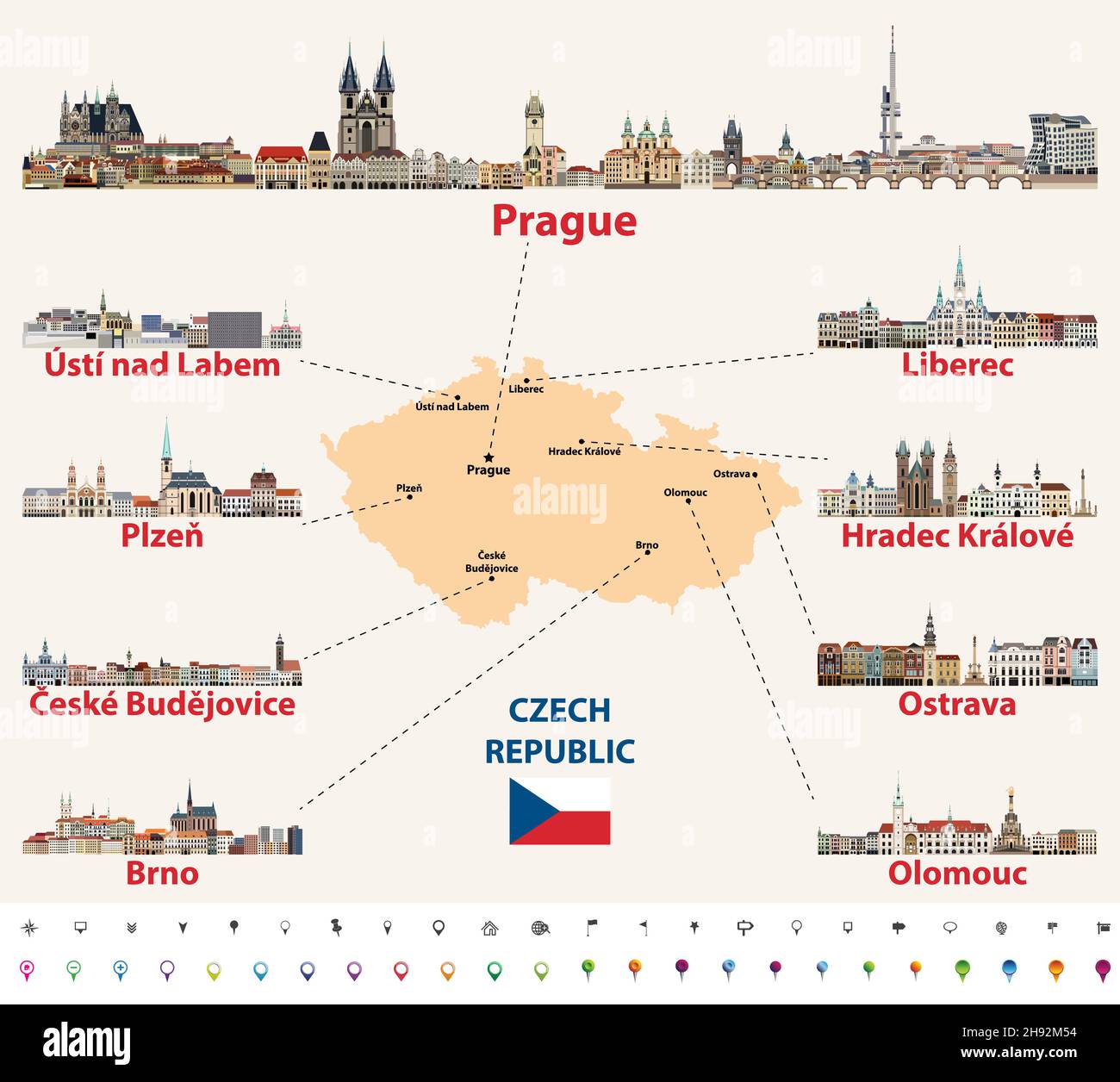 Karte der Tschechischen Republik mit den wichtigsten Städten Skylines Vektor-Illustration Stock Vektor