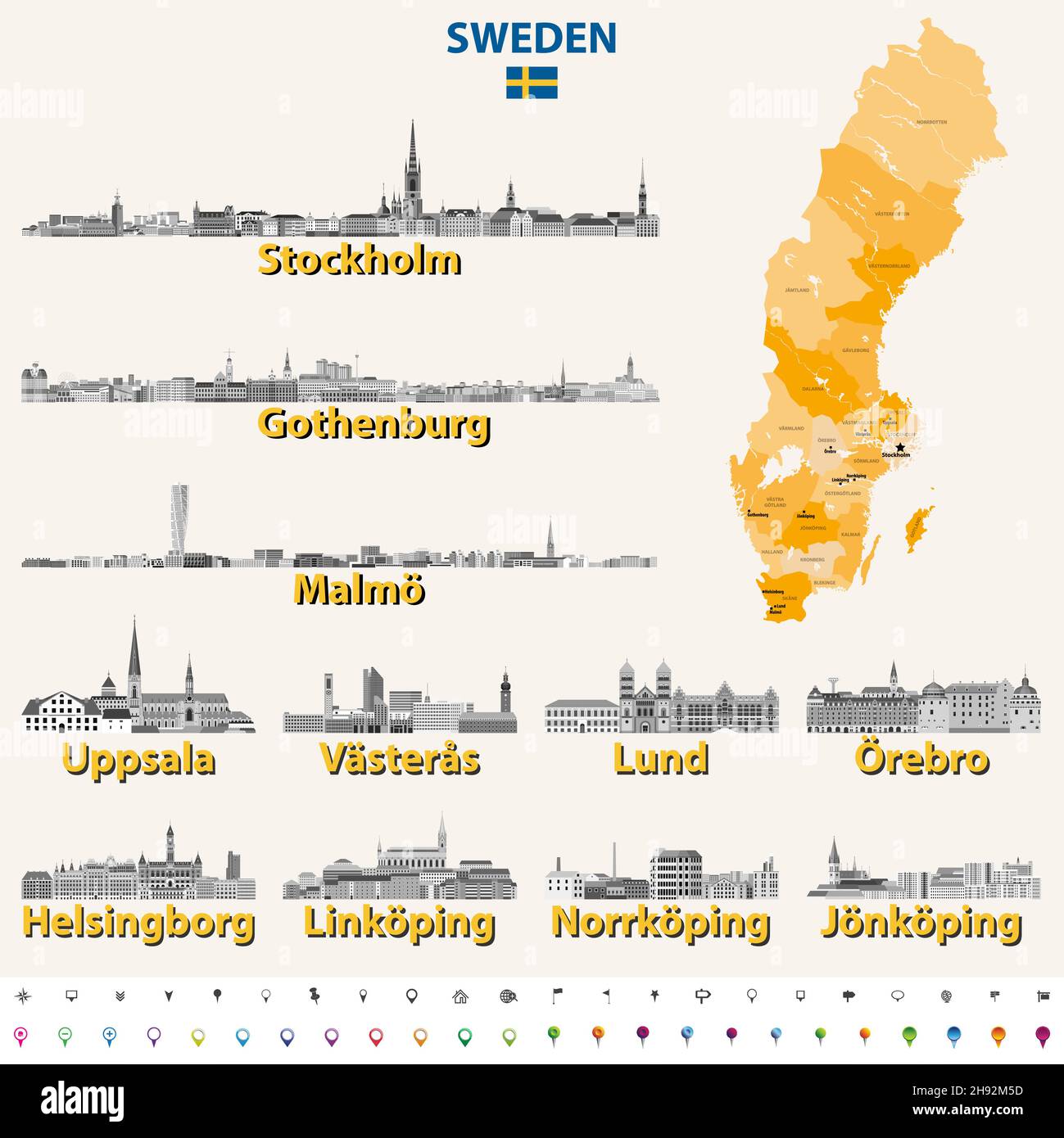 Schwedische Skylines in Graustufen-Farbpalette. Flagge und Karte von Schweden Stock Vektor