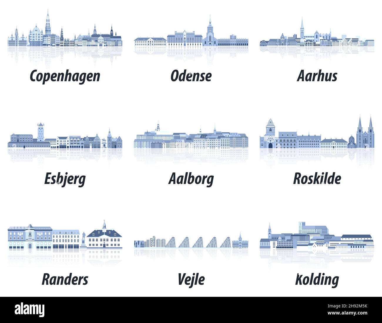 Die wichtigsten Städte Dänemarks Stadtbilder in Blautönen. Kristallklare Ästhetik Stock Vektor