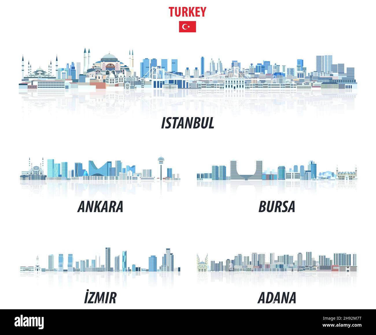 Türkische größte Städte Skylines in Blautönen Farbpalette. Rystal Ästhetik Stil Stock Vektor