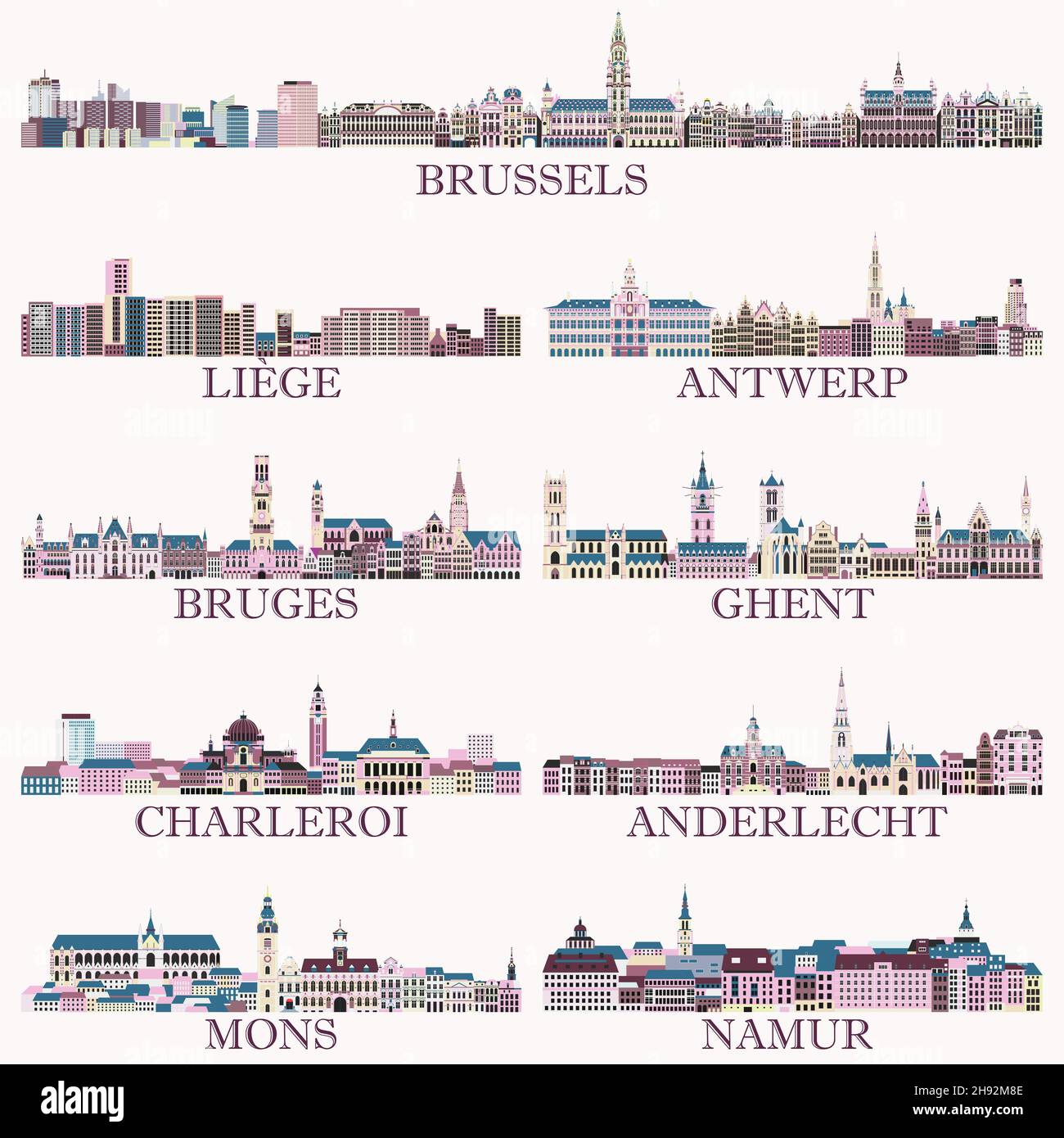 Die Stadtansichten der wichtigsten belgischen Städte sind in satten Pastellfarben gehalten. Magischer Ästhetik-Stil Stock Vektor
