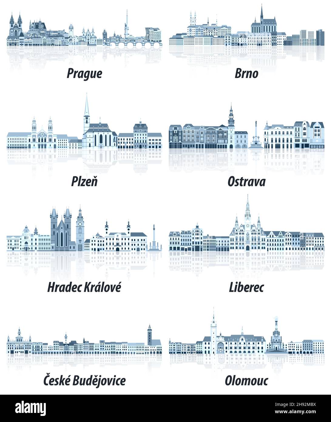 Die wichtigsten Städte der Tschechischen Republik Stadtbilder in Blautönen. Kristallklare Ästhetik Stock Vektor