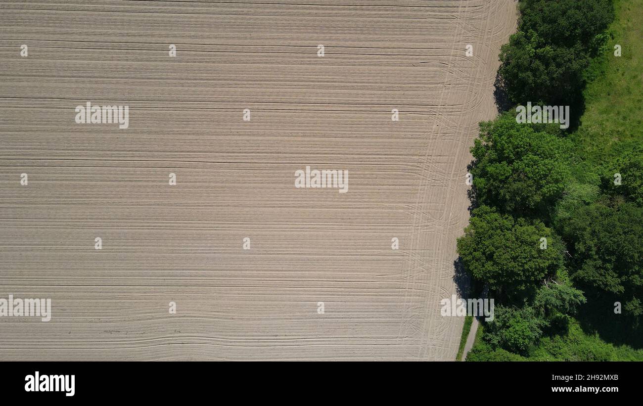 Geerntetes landwirtschaftliches Feld aus der Vogelperspektive - Drohnenschuss Stockfoto