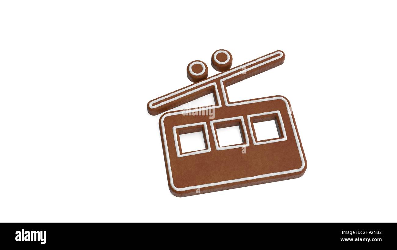 3D Wiedergabe von Lebkuchenkeks in Form eines Symbols der Straßenbahn von der Seitenansicht isoliert auf weißem Hintergrund mit weißer Vereisung Stockfoto