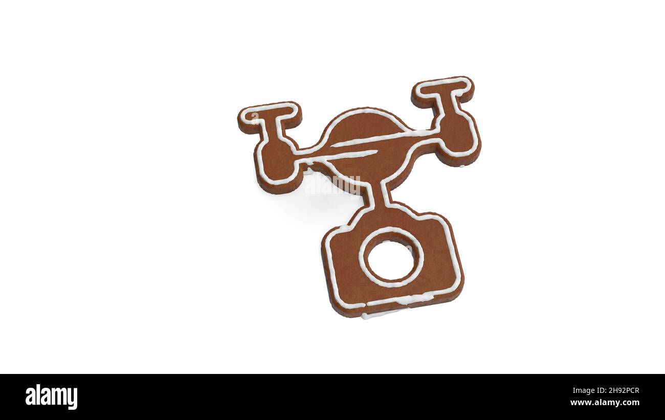 3D Rendering von Lebkuchenkeks in Form eines Symbols der Drohne fliegen isoliert auf weißem Hintergrund mit weißer Vereisung Stockfoto