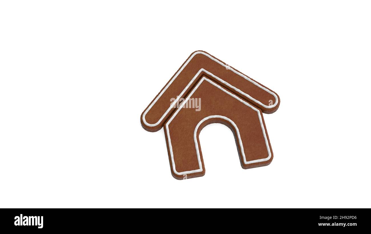 3D Wiedergabe von Lebkuchenkeks in Form eines Symbols des Hundehauses auf dem Garten isoliert auf weißem Hintergrund mit weißer Vereisung Stockfoto