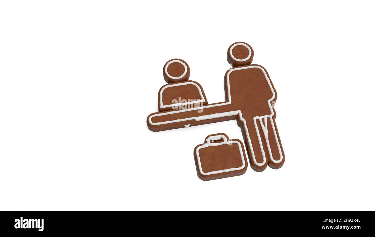 3D Rendering von Lebkuchenkeks in Form eines Symbols für Check-in-Schalter, Menschen isoliert auf weißem Hintergrund mit weißer Vereisung Stockfoto