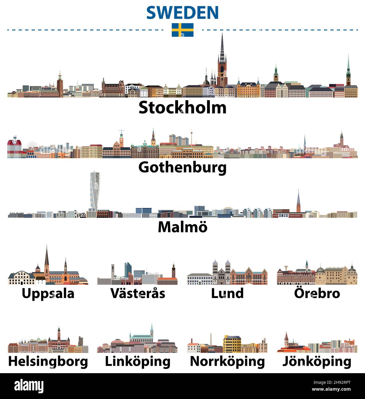 Die wichtigsten Städte Schwedens sind Skylines. Vector Kollektion Stock Vektor