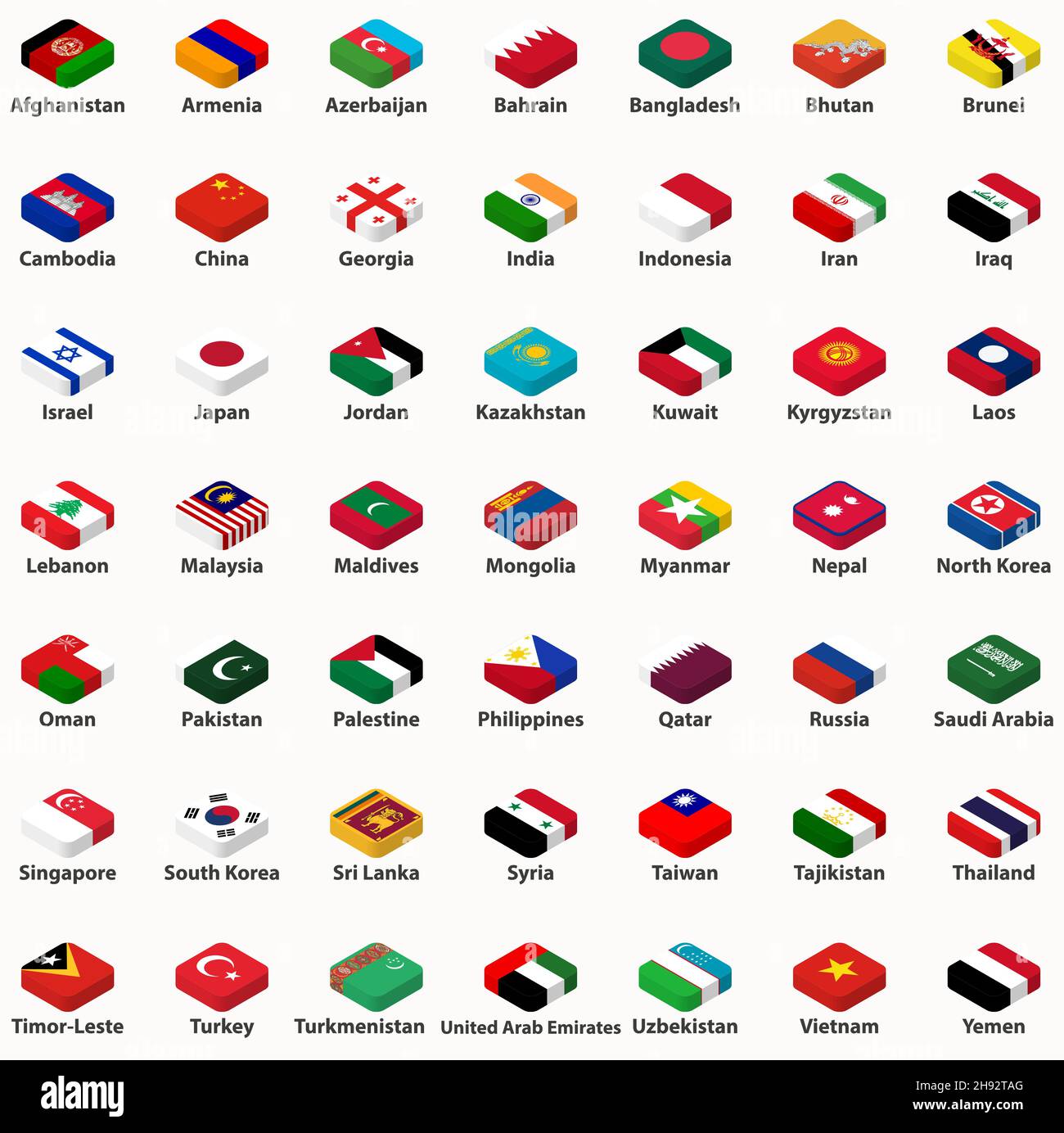 Alle asiatischen Länder Flaggen im isometrischen oberen Design-Vektor-Set Stock Vektor