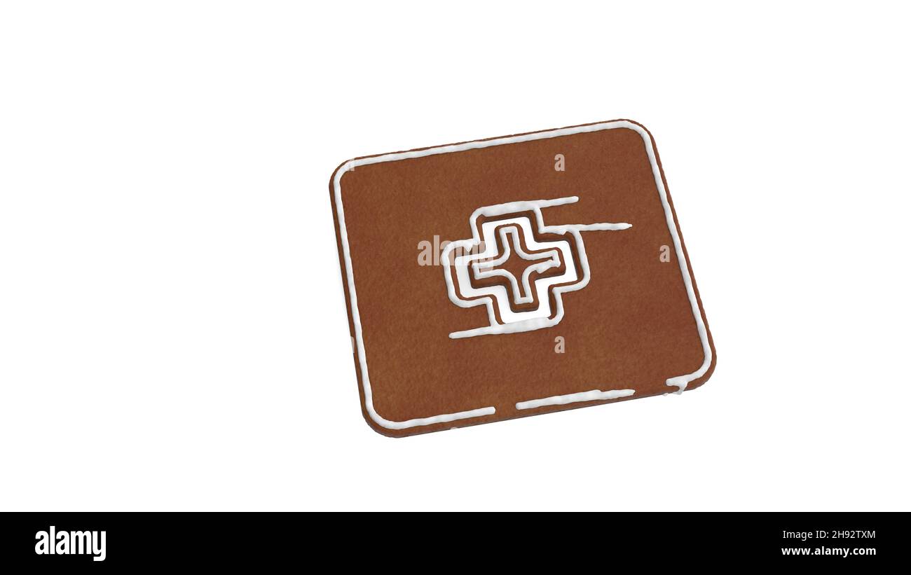 3D Darstellung von Lebkuchenkeks in Form eines Symbols der Schweizer Flagge mit isoliertem Kreuz auf weißem Hintergrund mit weißer Vereisung Stockfoto