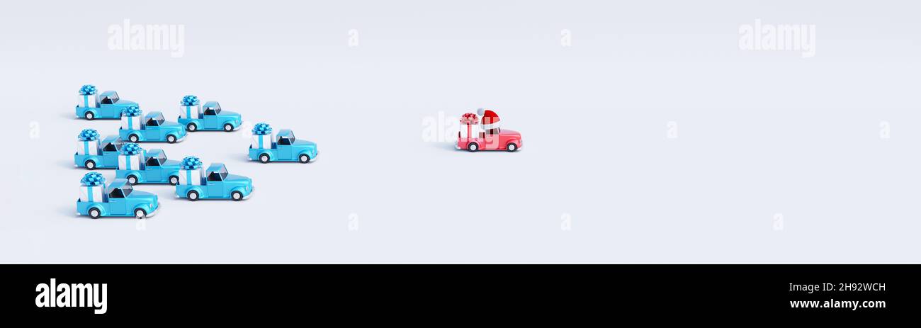 Neujahrsgeschenk und Business-Wettbewerb-Konzept. Rotes Auto mit Geschenk führt das Rennen gegen eine Gruppe von langsameren blauen Autos mit Geschenken 3D Render Stockfoto