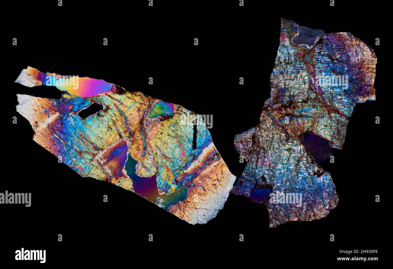 Feldspat mineralisch, dünner Abschnitt mit polarisierter Beleuchtung. Feldspare machen etwa 60 % der Erdkruste aus Stockfoto