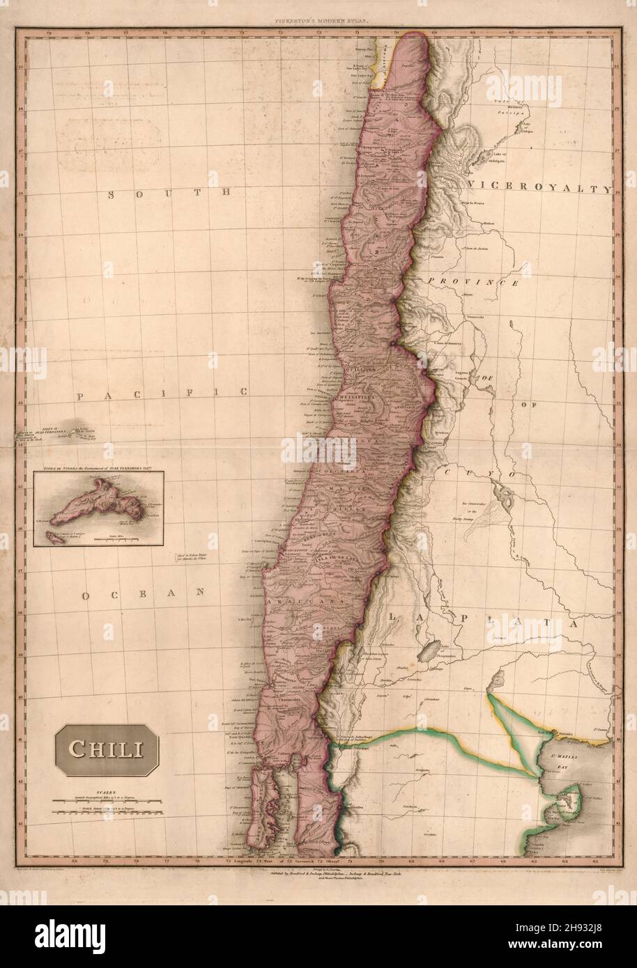 Karte von Chile in Südamerika aus dem 19. Jahrhundert, ca. 1818 Stockfoto