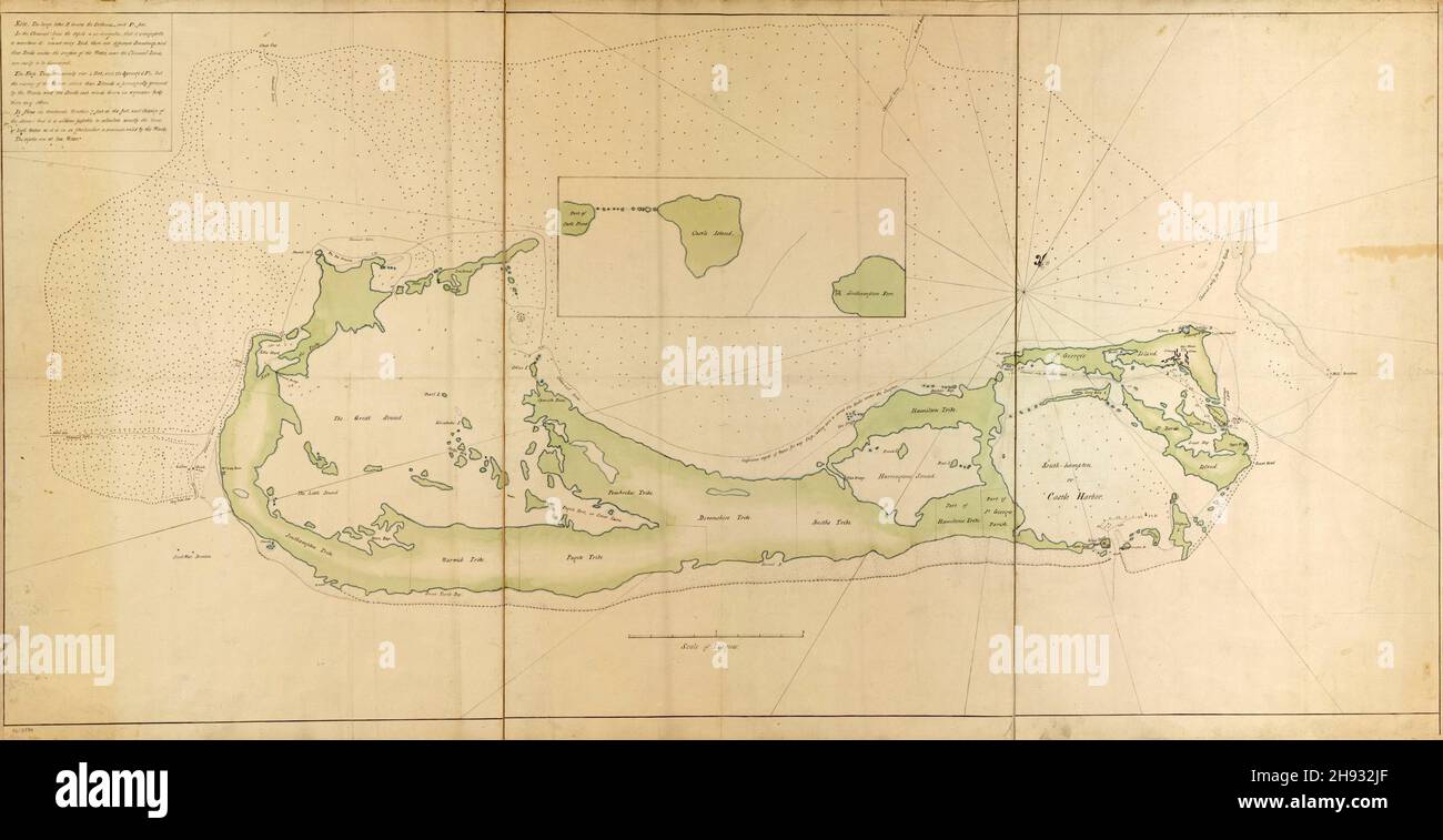 Karte der Bermuda-Inseln in den Westindischen Inseln aus dem 18. Jahrhundert, ca. 1760 Stockfoto