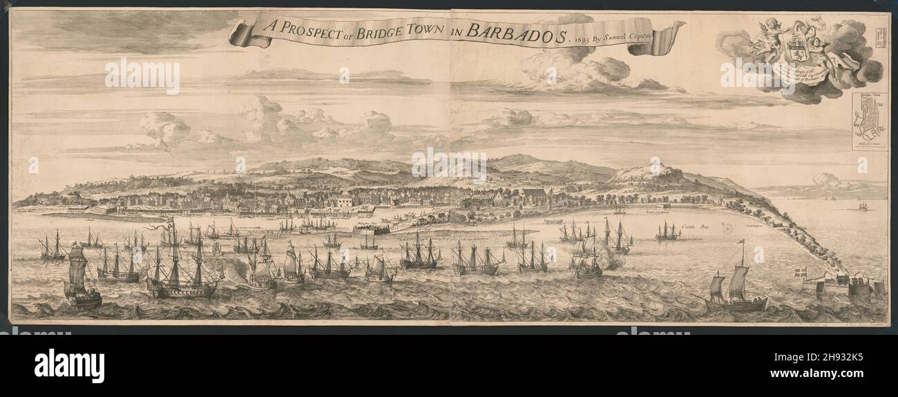 Vintage Radierung, Hafenansicht von Bridgetown auf der Insel Barbados in den Westindischen Inseln, ca. 1695 von Samuel Coopen Stockfoto