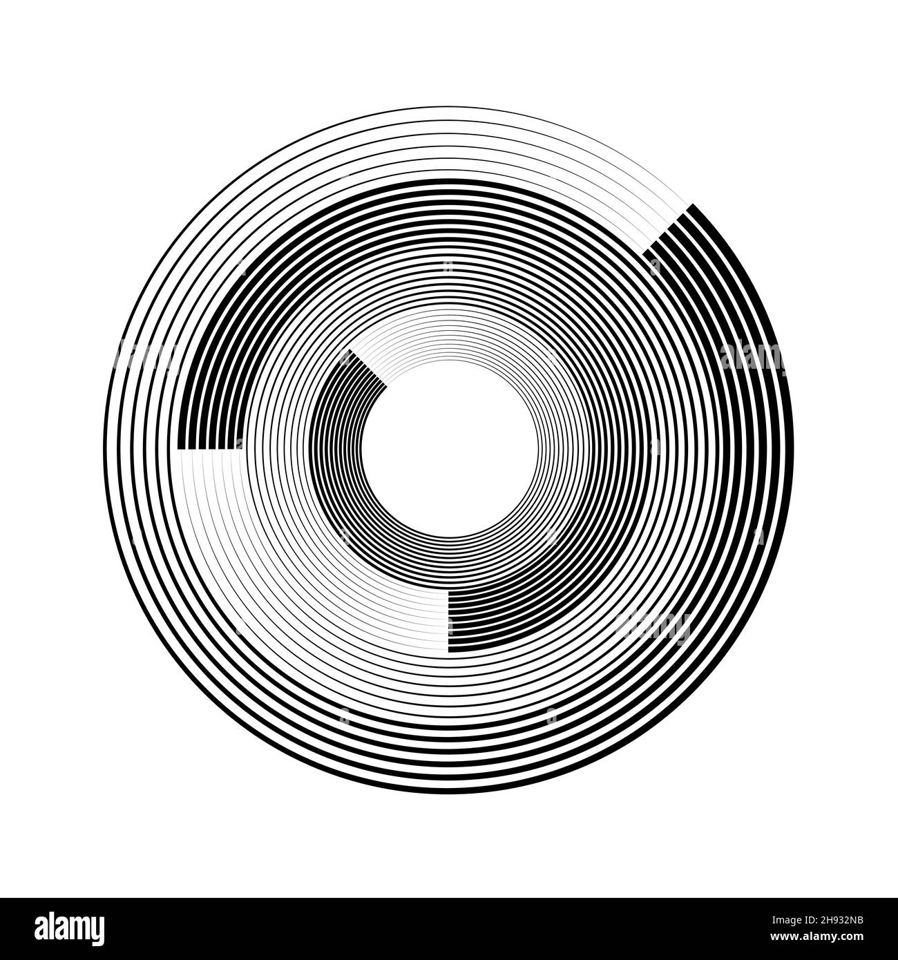 Schwarze konzentrische abstrakte Linien in runder Form. Trendiges Design-Element für Rahmen, rundes Technologie-Logo, Schild, Symbol, Web, Drucke, Poster, Vorlagen Stock Vektor