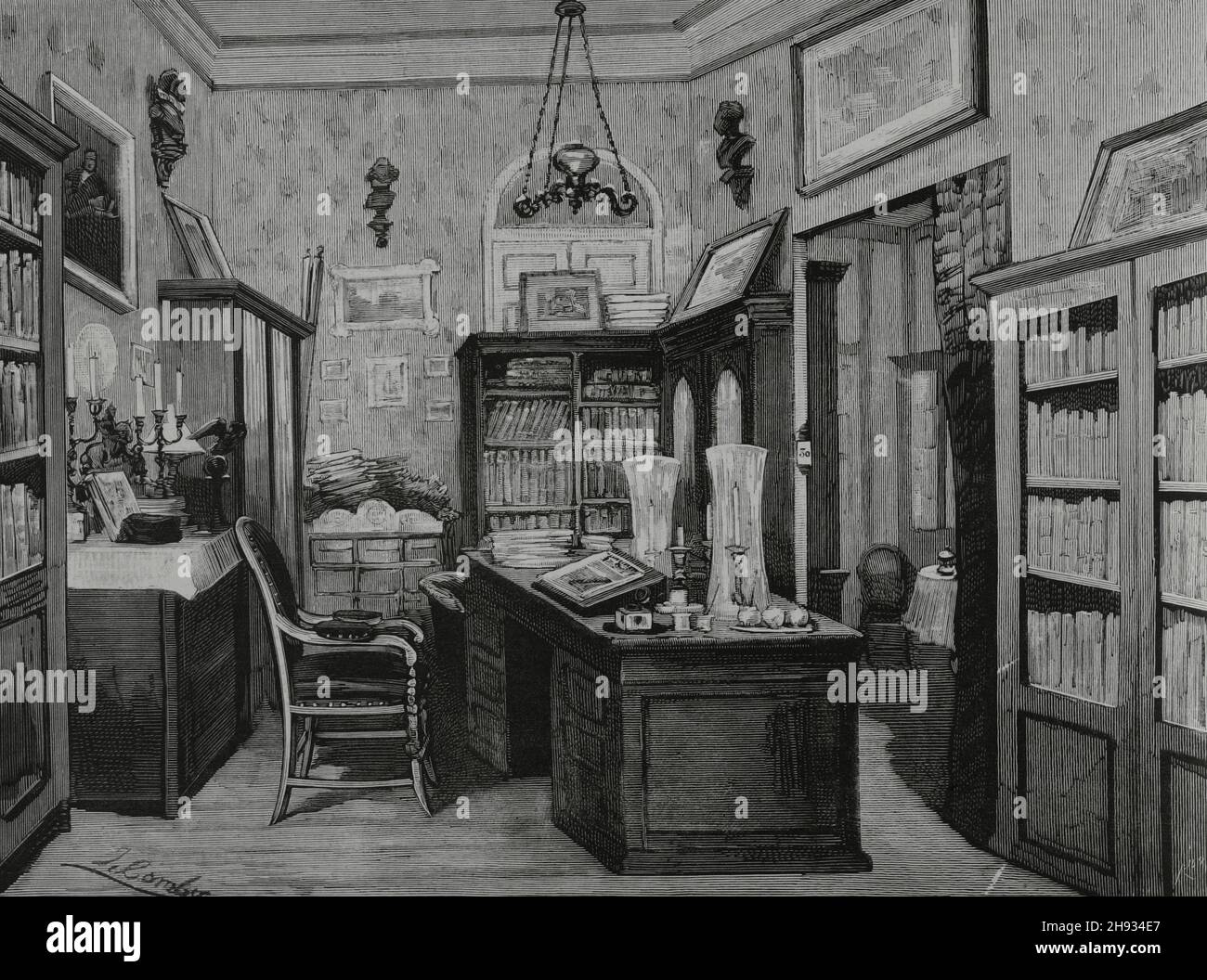 Spanien, Madrid. Das Büro des spanischen Schriftstellers und Journalisten Ramón Mesonero Romanos (1803-1882), in dem er „Memorias de un setentón“ schrieb. Illustration von Juan Comba. Gravur von Rico. La Ilustración Española y Americana, 1882. Stockfoto