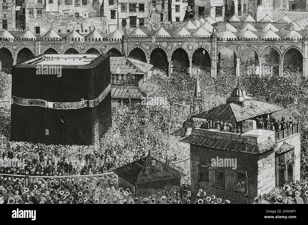 Saudi-Arabien, Mekka. Im Zentrum der al-Masjid al-Haram Moschee befindet sich die Kaaba, die den „Schwarzen Stein“ beherbergt. Gravur. Details. La Ilustración Española y Americana, 1882. Stockfoto