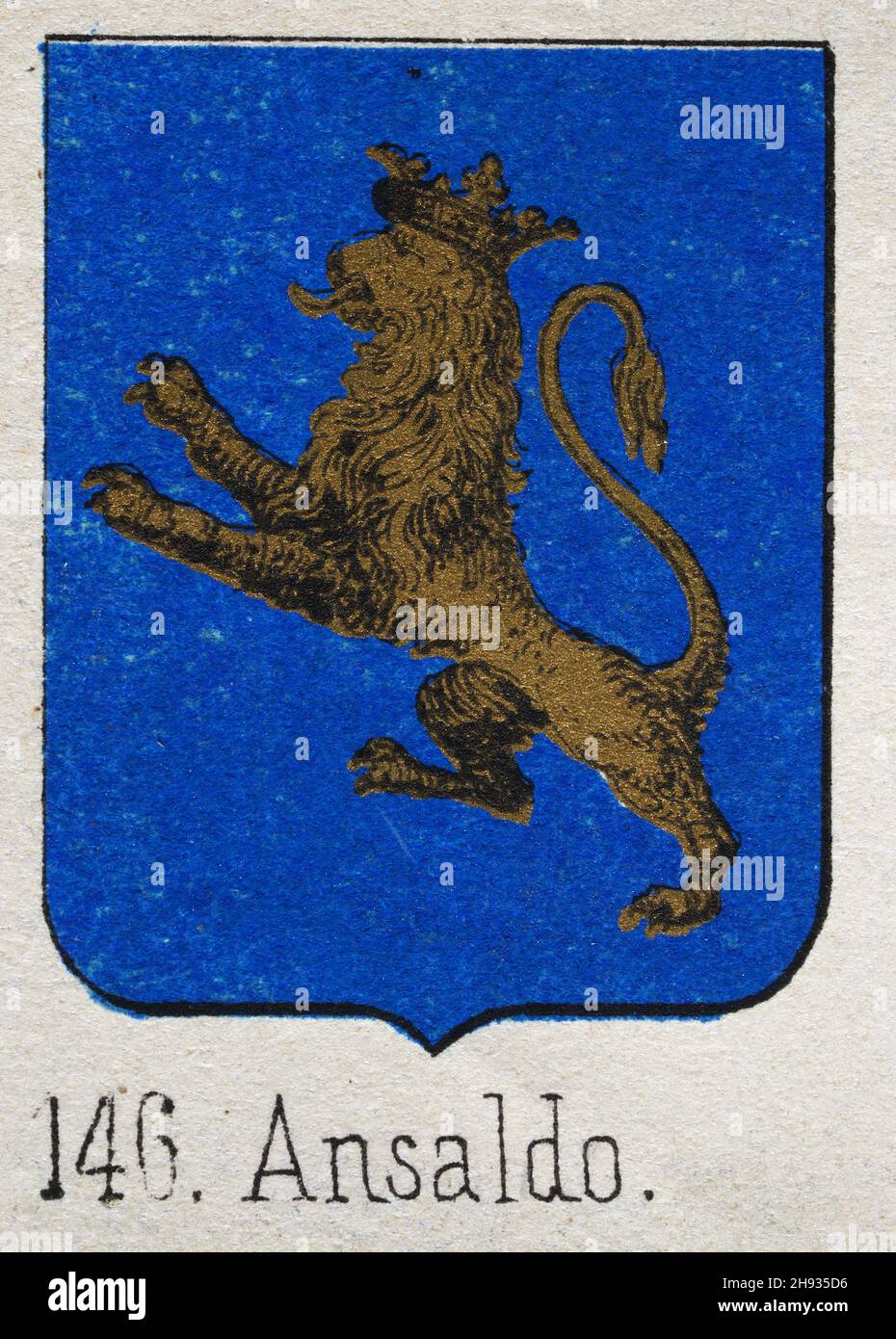 Ansaldo Heraldik, Illustration eines Wappens, Gold gekrönter Löwe auf blauem Schild, heraldische Symbole Stockfoto