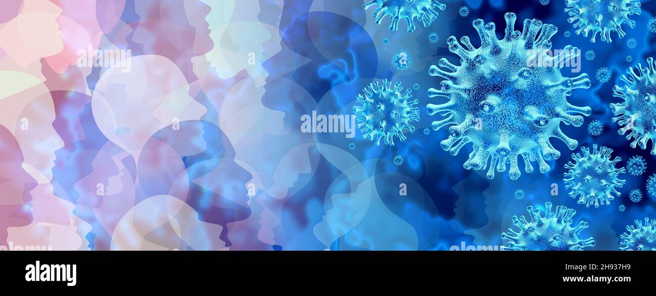 Globaler Ausbruch und weltweite Coronavirus-Pandemie oder internationale Infektionskrankheiten und internationale Populationen mit einer Virusausbreitung. Stockfoto