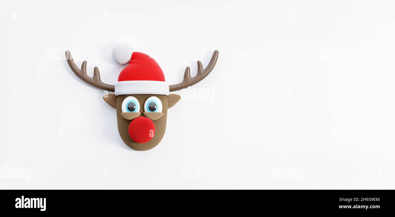 Rentier mit Weihnachtsmannhut. Weihnachtsfeiertage Konzept mit weißem Kopierraum 3D Rendering 3D Illustration Stockfoto