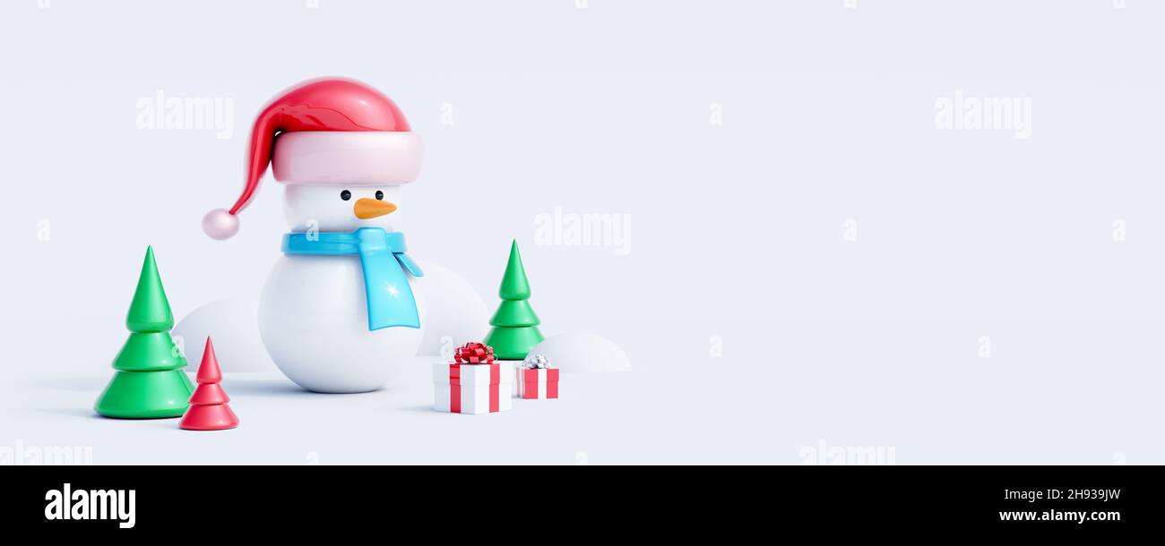 Schneemann niedlich 3D Zeichen auf weißem Hintergrund. Frohe Weihnachten und ein glückliches neues Jahr Konzept 3D Rendering 3D Illustration Stockfoto