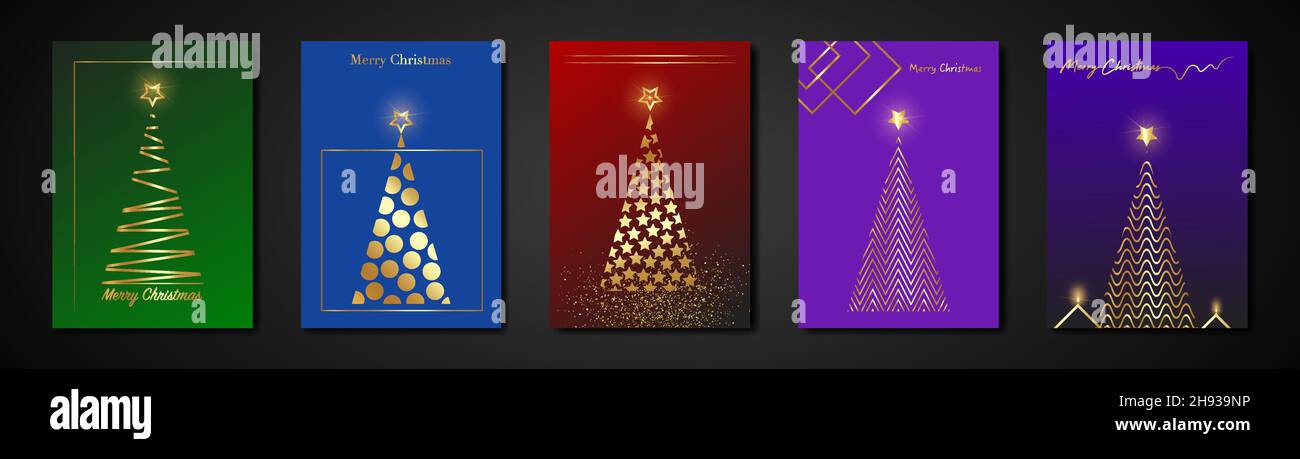 Set-Karten Weihnachtsbaum Gold Textur, goldenen Luxus bunten Hintergrund, Gold-Vektor stilisiert Frohe Weihnachten, Banner-Symbol festlich Themen Winter Stock Vektor