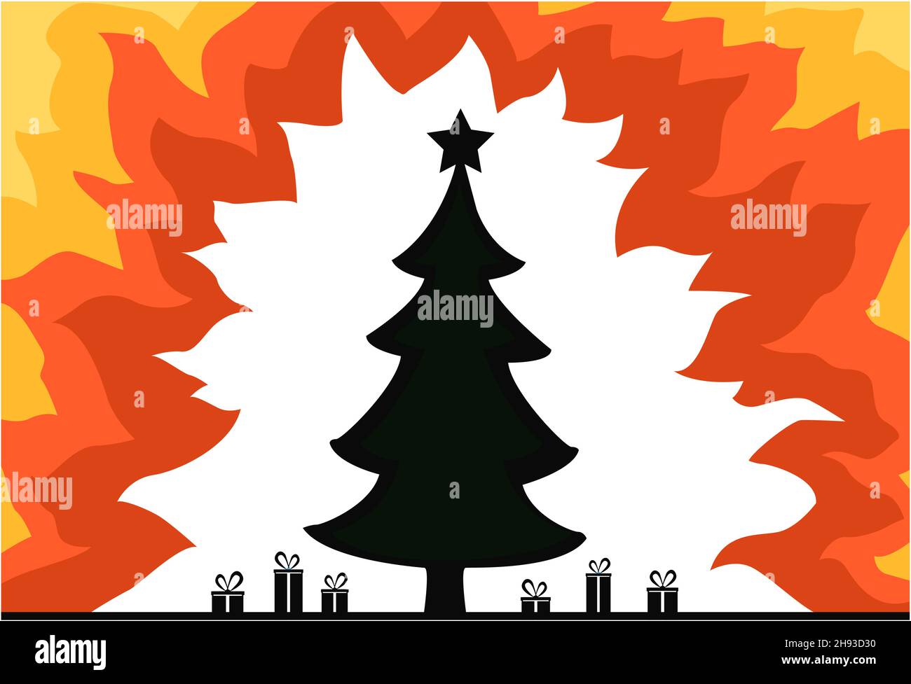 Weihnachtsbaum von nahenden Feuer von überall Cartoon Farbe Vektor Illustration umgeben, horizontal Stock Vektor
