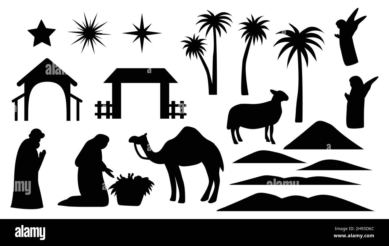 Heilige Nacht der Geburt des Kindes jesus christus Silhouette Szene aus Religion christentum Krippe. Biblische religiöse Geschichte der Katholiken. Schnitt für Stock Vektor