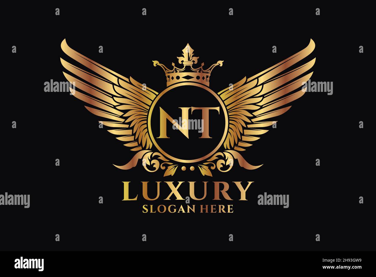 Luxus Royal Flügel Buchstaben NT Wappen Gold Farbe Logo Vektor, Victory Logo, Wappen Logo, Flügel Logo, Vektor-Logo . Stock Vektor