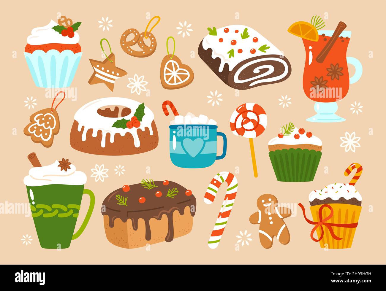 Weihnachten Süßigkeiten behandeln Cartoon-Set. Neujahr Mann Lebkuchen und Kakao Tasse, Kuchen Muffin, Lutscher Süßigkeiten. Weihnachten Dekoration, Urlaub Scrapbook noel Design für Aufkleber Kit, Grußkarte, Party Einladung Stock Vektor