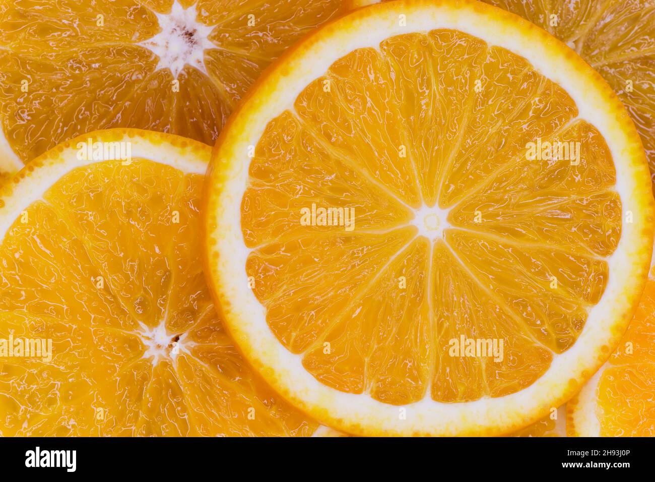 Valencia Orange Citrus Fruit Slices Close-Up (Citrus x sinensis) Stockfoto