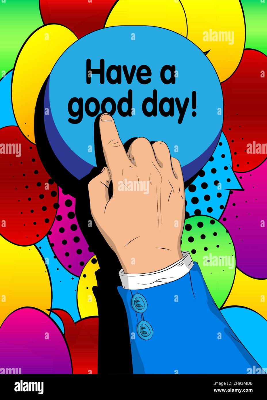Geschäftsmann drängen Haben Sie einen guten Tag! Mit seinem Zeigefinger. Konzept im Comic-Stil. Stock Vektor