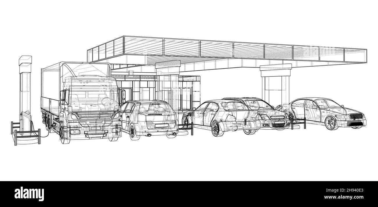 Elektroauto-Ladestation mit Autos und LKW Stockfoto