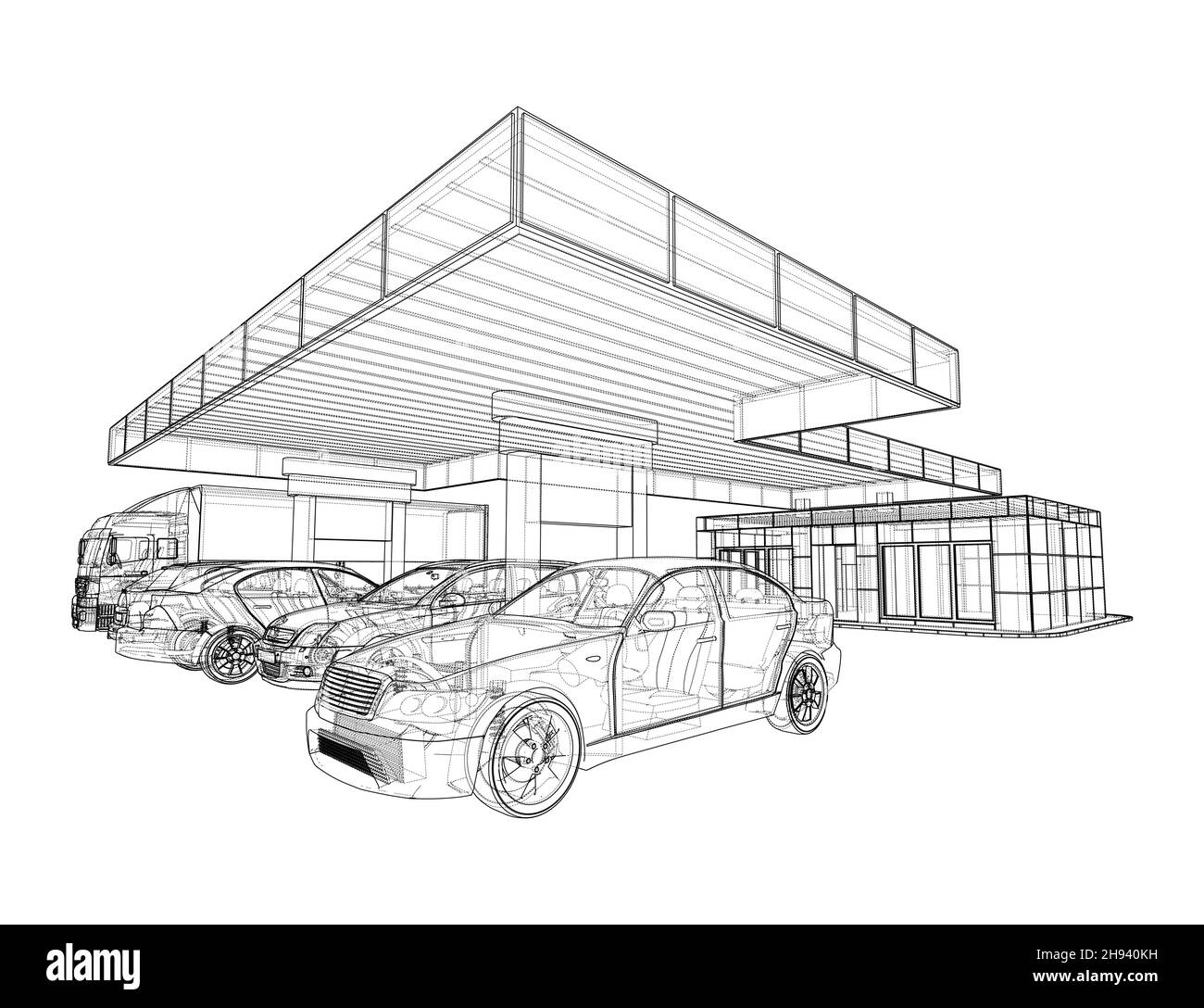 Elektroauto-Ladestation mit Autos und LKW Stockfoto