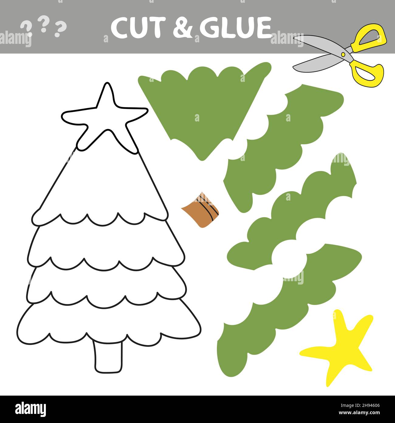 Cut and Leim - einfaches Spiel für Kinder. Cartoon Weihnachtsbaum Stock Vektor