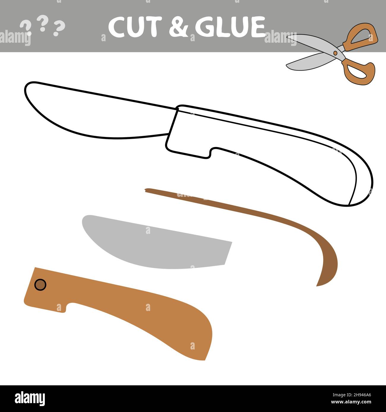 Cut and Leim - einfaches Spiel für Kinder. Cartoon Bildung entwickeln Arbeitsblatt. Spiel für Kinder mit Messer. Aktivitätsseite. Vektorgrafik. Stock Vektor