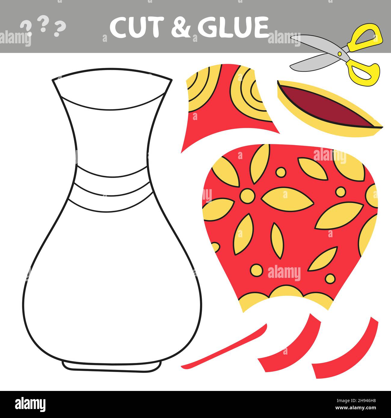Cut and Leim - einfaches Spiel für Kinder. Einfache pädagogische Papier-Spiel für Kinder. Einfache Anwendung für Kinder mit roter Vase Stock Vektor
